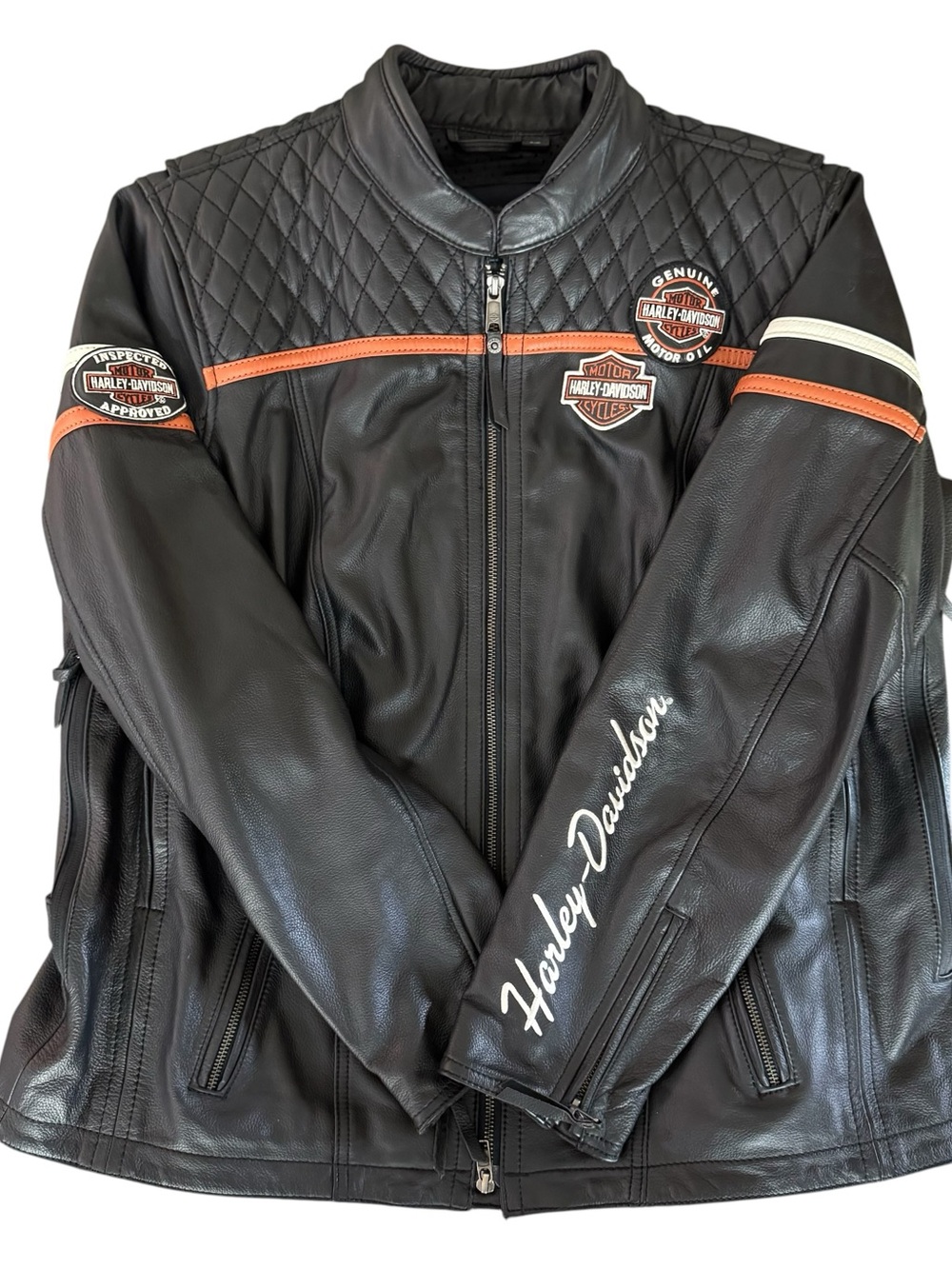 Harley-Davidson Black Leather Jacket with Orange and White Accents - Picture 4 of 16